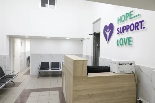 A lobby with lettering on the wall