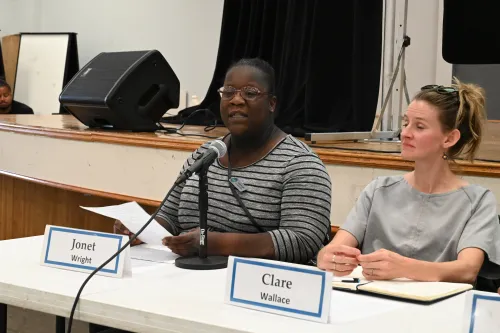 A woman in a striped dress speaks while seated during a panel discussion.