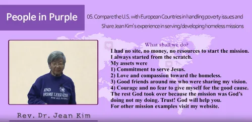 Purple background; image of Jean Kim to the left. Powerpoint presentation.