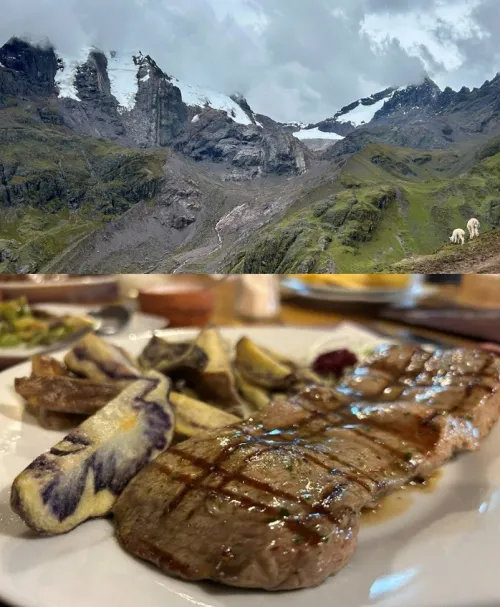 Mountain range with alpaca grazing and a photo below with alpaca steak and Andean purple potatoes