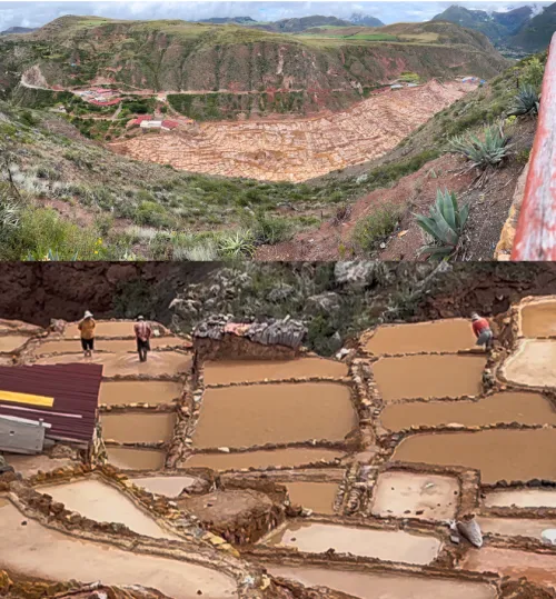 Salt mines look like a quilt covering the side of a mountain valley; below is a closer look at the salt mine ponds with men prepping them