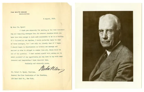 A letter from Woodrow Wilson to Robert E. Speers, 1918. Portrait of Robert E. Speers.