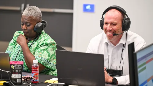 Committee moderator Patricia Bligen Jones (left) and parliamentarian Seth Normington (right) on the third day of committee meetings during the 227th General Assembly in Milwaukee. Photo by Rich Copley