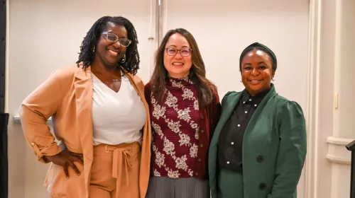 Natarsha Sanders, Jihyun Oh and Destini Hodges (left to right) spoke and led discussions at today's ruling elder luncheon. Photo by Rich Copley.