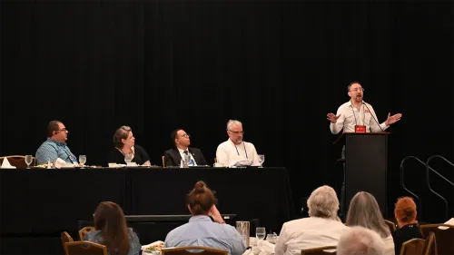 Rev. Michael Gehrling of 1001 New Worshiping Communities speaks at the lunch event. The event included presentations from (left to right) Rev. Rafael Viana, Rev. Erin Angeli, Raafat Girgis, and Mark Fraley. Photo by Rich Copley. 