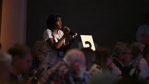 YAAD Priscilla Samuel of Coastlands Presbytery proposes an amendment during the 8th plenary on June 30, 2026. Photo by Rich Copley.