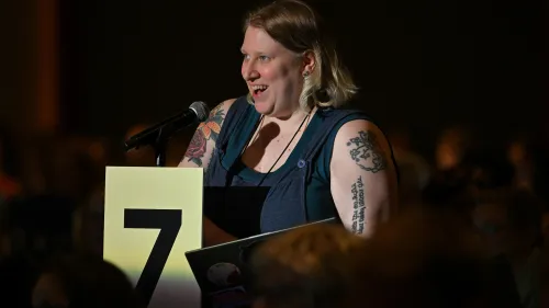 Erica Nelson, member of ACSWP, shares a definition of Christian Nationalism during the 8th plenary on June 30, 2026. Photo by Rich Copley. 