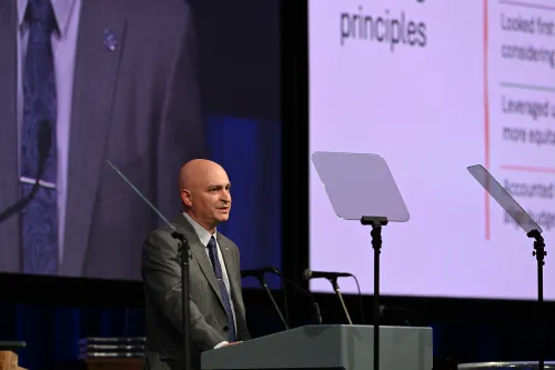 Ian Hall, PC(USA), A Corp president, presented the financial implications process at the second plenary session of the 227th General Assembly on June 28. Photo by Kristen Gaydos