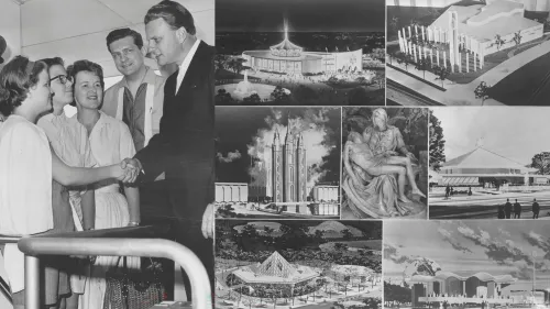 Billy Graham shakes the hand of the 12millionth visitor to the New York World's Fair in June of 1964. A collage image of the various Christian pavillions.
