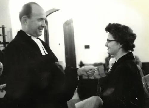 Margaret Towner (right) with the pastor of her home church in Syracuse, where her ordination ceremony took place in October 1956.