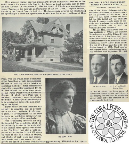 The article in Presbyterian Progress in Illinois that introduces the newly opened CORA J POPE HOME, a retirement community for older women.