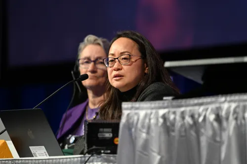 Stated Clerk of the General Assembly, Jihyun Oh, speaking at plenary 11 of the 227th General Assembly on July 1, 2026. Photo by Kristen Gaydos