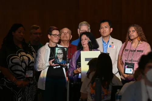 Ruth Faith Santana-Grace, moderator of the 225th General Assembly, accompanied by moderators of past assemblies, addresses the lack of familiarity with Puerto Rico's history. 