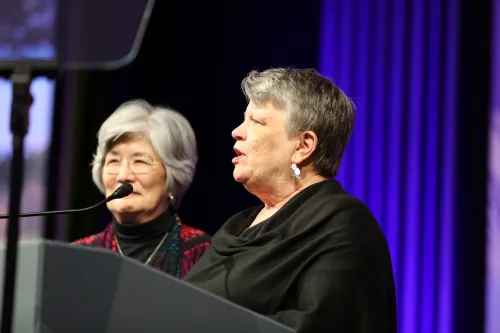GAO Committee leaders Anne West (left) and Renda Brinson (right) deliver their report during the 11th plenary on July 1, 2026. Photo by Jim Deweese. 