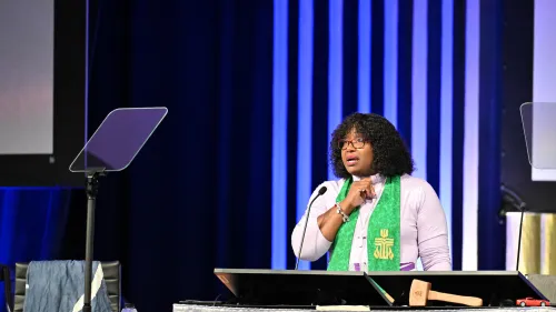 Rev. CeCe Armstrong co-moderator of the 226th General Assembly of the Presbyterian Church (U.S.A.), leads morning plenary on July 1, 2026