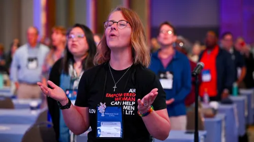 Commissioners and advisory delegates sing during closing worship at the 227th General Assembly on July 2, 2026. Photo by Rich Copley