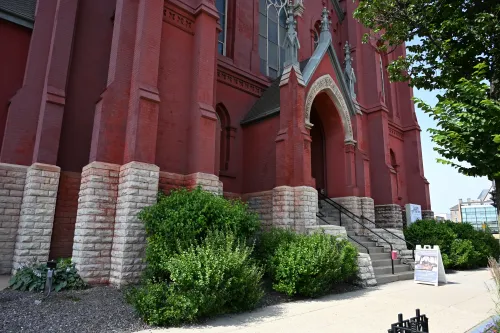 The facade of the Big Red Church in Milwaukee, Wisconsin