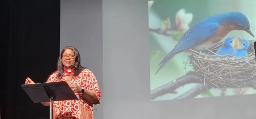 Rev. CeCe Armstrong and birds by Kim Coulter