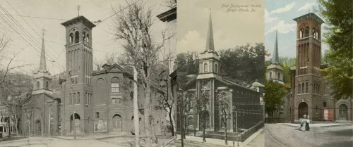 Three images of Mauch Chunk Presbyterian Church and Opera House.