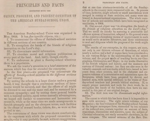 First two pages of a pamphlet published by the American Sunday School Union providing facts and figures about the organization.