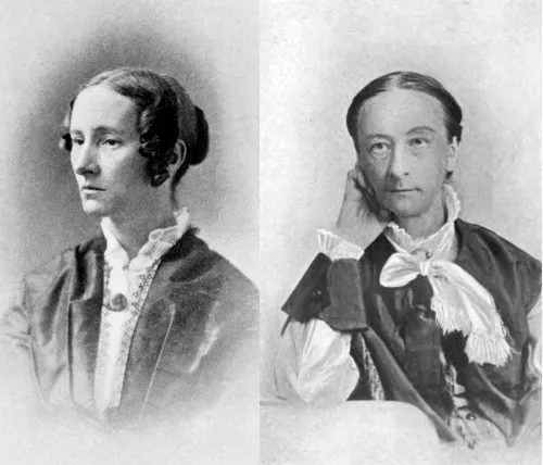 Black and white portrait photos of two sisters, Anna the younger on the left, Susan the elder on the right.