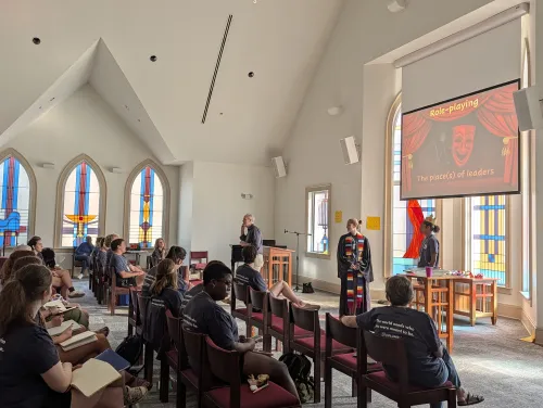 Rev. Dr. Mark Douglas, J. Erskine Love Professor of Christian Ethics at Columbia Theological Seminary, begins his session on ethical engagement with conflict for leadership with a role-playing exercise for college students. 