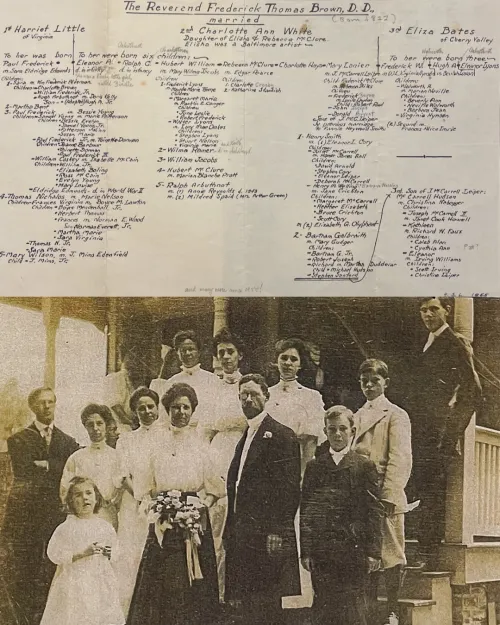 The Leiper McCarrell family tree, penned by Henry Smith Leiper in 1955. Below it is a family picture taken on the day that Henry's father remarried, ten years after his mother's death in 1896.