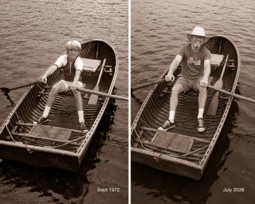 Photos of the same rowboat in 1972 and 2026 with Andrew rowing them