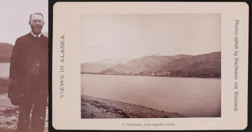 At left is a man standing with glasses on-Sheldon Jackson. To the right is a 1899 landscape photograph of Unalaska, taken from the opposite isle's shore.
