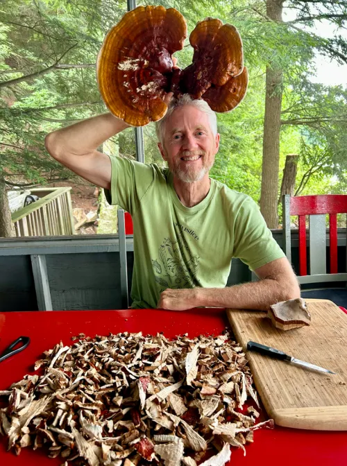 Andrew holding giant reishi mushrooms on his head to look like moose antlers