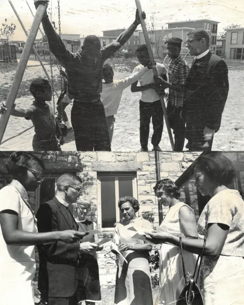 Two images, one sitting atop another. The top image shows Carl Dudley speaking with a group of youth; the bottom, him speaking with a group of women.