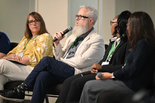 Bishop Andy Doyle speaks at a panel of denominational leaders earlier in the 2025 AI & Church Summit