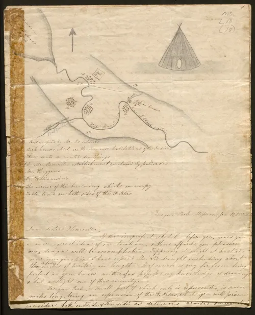 Sketches and writing on a piece of paper. Correspondence written by Mary Riggs in the 19th century.