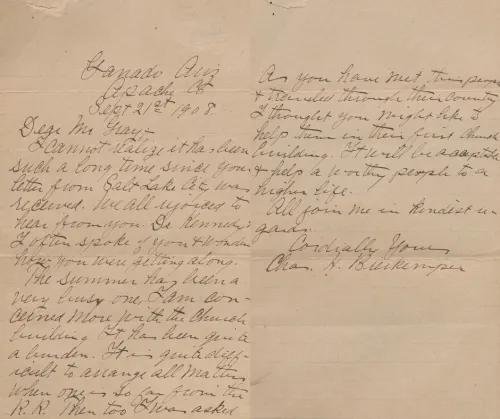 Correspondence from Charles Harry Bierkemper to Mr. Gray, September 21, 1908. Handwritten correspondence from 1908.