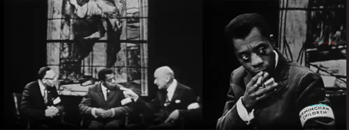 Screengrabs from "The Meaning of the Birmingham Tragedy," a 30 min recording of a panel held in September 1963 between author James Baldwin and theologian Reinhold Niebuhr.