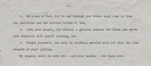 The final page of the typewritten "charge" give to Rev. Pierre Johnson by Alexander Sharp during his installation ceremony in September 1954.