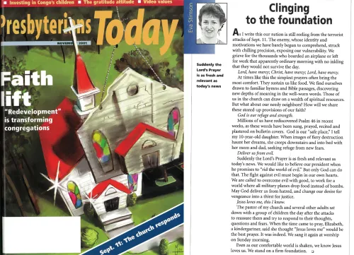 The cover of Presbyterians Today fall 2001 edition, and the letter from the editor, Eva Stimson.