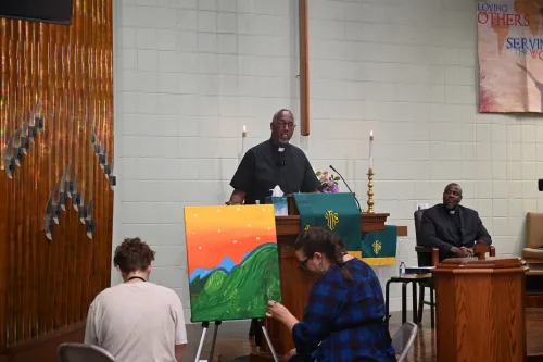 The Rev. Jimmie Hawkins and the Rev. Dr. Alonzo Johnson lead worship at Hillside Presbyterian Church to close the Jesus and Justice Conference in Atlanta.