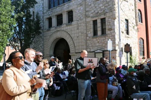 Crowd gathered outside of Mother Bethel A.M.E. Church in Philadelphia on October 7.