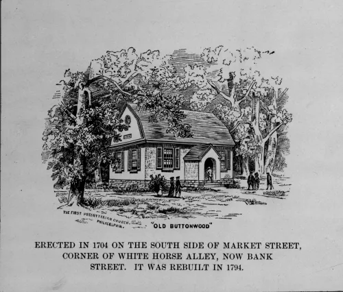 A sketch of Old Buttonwood, the First Presbyterian Church in Philadelphia.