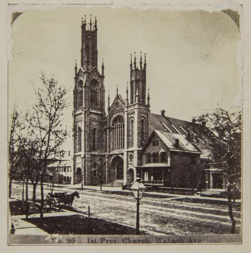 The building that housed the First Presbyterian Church of Chicago in the years before the great fire of October 1871. This is the sanctuary constructed on Wabash Avenue, a church of marble.