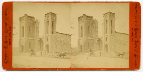 A stereocard displaying two of the same image: a photo of the remnants of the First Presbyterian Church in Chicago after the Great Fire of October 1871.