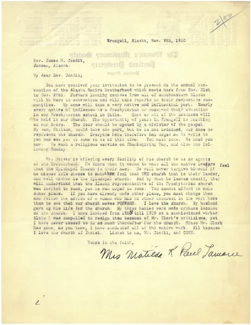 A piece of correspondence typed on onion skin paper, sent to Rev. Condit from Tillie Paul Tamaree in 1920.