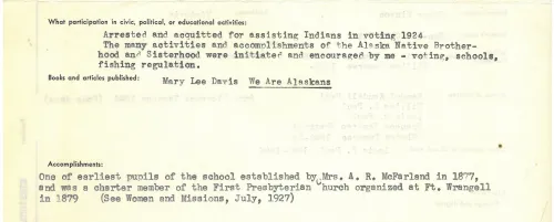 Excerpt from "Who's Who in Foreign Missions" document, filled out with information related to missionary Matilda "Tillie" Paul Tamaree; this specific section talks about when Tillie was arrested in 1922 for trying to help a Native American man vote.