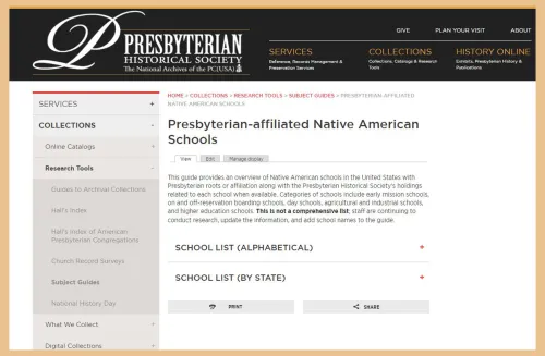 Screenshot of the Guide to Presbyterian-affiliated Native American Schools, 2021.