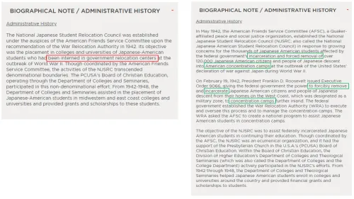 A before and after view of the repaired Biographical Note/Administrative History section of RG 37's online collection guide.