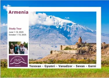 2025 Armenia Study Tour with snowy mountain in background