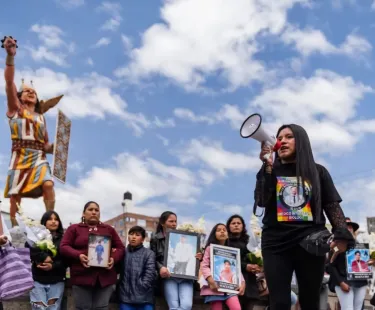 Milagros Samillan speaks at a protest against police violence in Peru