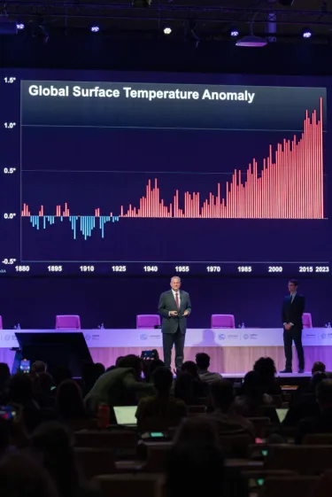 Two men standing in front of a graph on stage-Global Surface Temperature Anomaly
