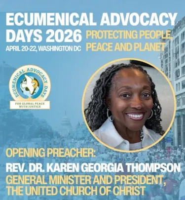 Light blue poster with woman's picture on it promoting Ecumenical Advocacy Days 2026